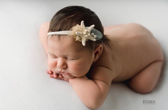 seascapes neutral knobby starfish pearl mermaid organic newborn tieback headband