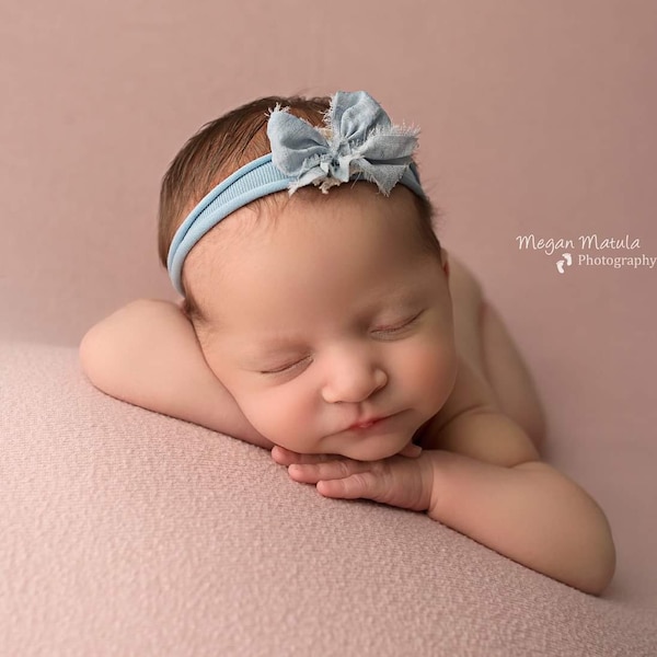 Windie baby blue sky blue silk chiffon simple lace bow delicate newborn organic tieback chiffon headband newborn prop