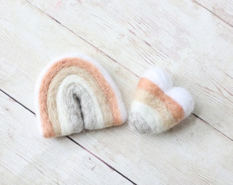 ready to ship needle felted neutral rainbow baby heart newborn photography prop felt