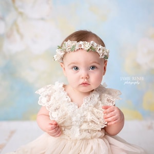 Loriane ivory white neutral moss vintage flower crown newborn headband halo photography prop