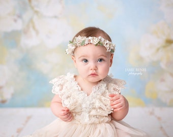 Loriane ivory white neutral moss vintage flower crown newborn headband halo photography prop