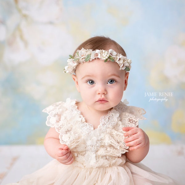 Loriane ivory white neutral moss vintage flower crown newborn headband halo photography prop