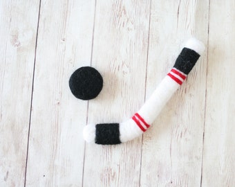 wool felted hockey stick and puck newborn photography prop