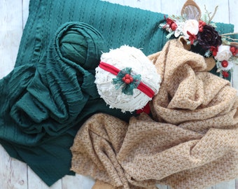 ready to ship SET emerald christmas green  tieback stretch wrap beanbag posing backdrop newborn deer flower crown
