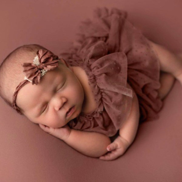 Raisin taupe plum brown adorable dainty simple silk bow newborn headband tieback halo