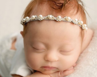 Hallina  silver sequin rhinestone pearl  beaded headband bow newborn photography prop