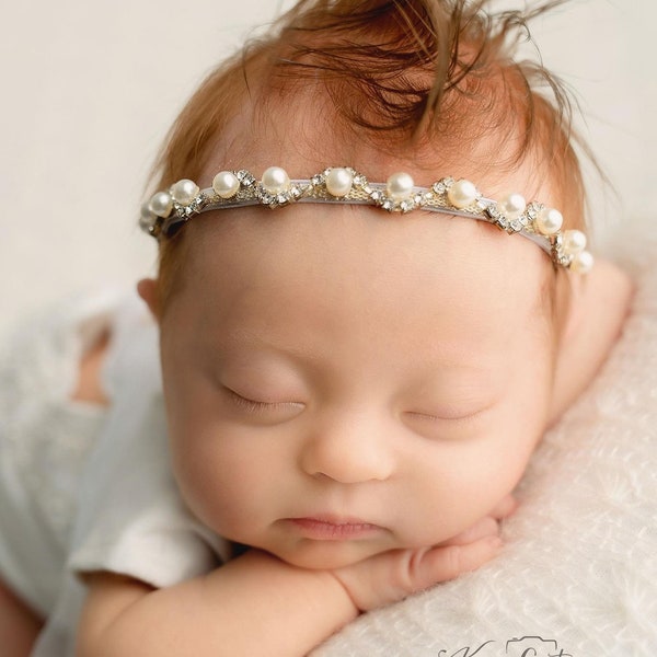 Hallina  silver sequin rhinestone pearl  beaded headband bow newborn photography prop