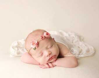 Myna twine coral pink neutral organic ivory cream newborn tie back flower crown headband halo