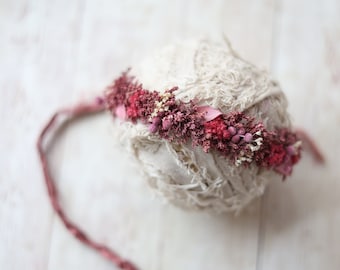 Ione SET dusty vintage mauve rose berries newborn flower crown tieback and stretch wrap halo photography prop