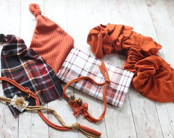 ready to ship SET fall plaid rust burnt orange floral fabric stretch wrap velvet bow tieback hat