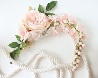 Blush light pink flowers gold white unicorn horn and lead rope for horse pony accessory photography prop