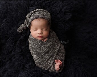 Nathan navy blue newborn knotted knot sleepy cap newborn hat and waffle textured stretch wrap SET