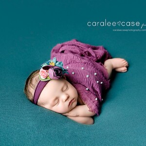 Joanna plum mustard teal turquoise purple berries satin rose mini peony dainty delicate newborn organic jersey headband