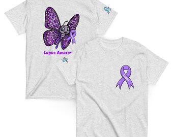 May include: Two light gray t-shirts. One features a purple butterfly holding a purple ribbon, with the text "Lupus Aware". The other shirt has a purple Lupus ribbon on the chest. Both shirts have short sleeves.
