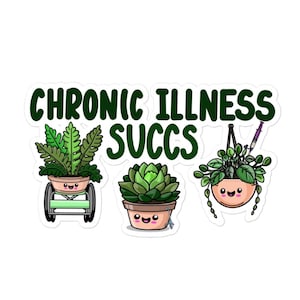 Może przedstawiać: Trzy kreskówkowe sukulenty w doniczkach z uśmiechniętymi buziami. Tekst "Chronic Illness Succs" znajduje się nad roślinami.