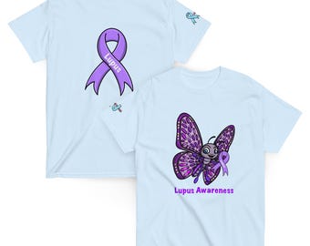 May include: Light blue t-shirts with a purple Lupus ribbon and a cartoon butterfly holding a purple ribbon. The butterfly has purple wings with a dotted pattern. The text "Lupus Awareness" is below the butterfly.