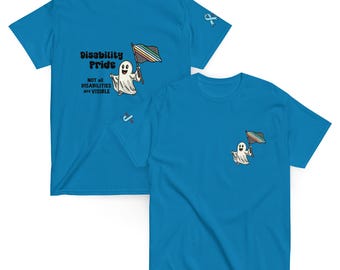 May include: Two turquoise t-shirts. One shirt features a ghost holding a flag with rainbow stripes and the text "Disability Pride" and "Not all disabilities are visible." The other shirt has the same ghost and flag design on the chest.