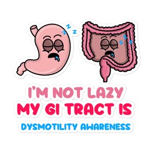 May include: A sticker featuring cartoon illustrations of a pink stomach and intestines, both with closed eyes and drool, suggesting sleep. Text reads "I'M NOT LAZY MY GI TRACT IS DYSMOTILITY AWARENESS."