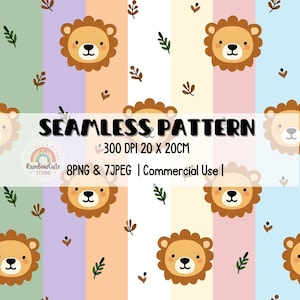 Cute Lion watercolor Seamless Pattern - 8 Colors Backgrounds | Safari Animal Digital Paper | PNG & JPG 300 DPI | Instant Download