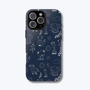 Uroczy futerał na iPhone'a ze zwierzętami w kolorze granatowym Safari Jungle Baby Animal Phone Cover Cartoon Zoo Animal Estetyczny futerał dla dzieci i miłośników zwierząt