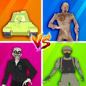 May include: A split-screen graphic with a tank, a zombie, a zombie in a suit, and a soldier. The word "VS" is in the center, with flames on either side. The background is divided into orange, blue, pink, and green.