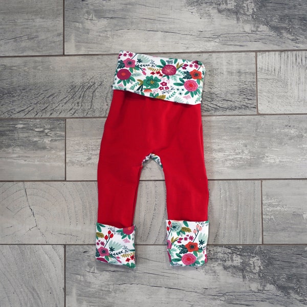 Winter Floral Leggings 12M - 3T |  Floral Maxaloones | Christmas Floral Grow with Me Pants | Flower Print Toddler Harem Pants