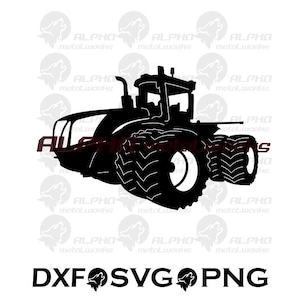 Puede incluir: Silueta negra de un tractor con neumáticos grandes, cabina y tubo de escape. La imagen incluye el texto "DXF SVG PNG" en la parte inferior. El fondo presenta un patrón repetido de un logotipo de cabeza de lobo y el texto "ALPHA metalworks".