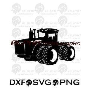 May include: Black silhouette of a large tractor with large tyres. The tractor is facing forward with the front tyres visible. The tractor is on a white background.