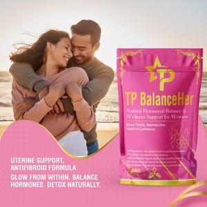 May include: Pink and gold packaging for a dietary supplement called TP Balance Her. The packaging features a pink star with a gold letter P inside. The text on the packaging reads "Natural Hormonal Balance & Wellness Support for Women." The packaging also includes the text "Boost Vitality, Reproductive Health & Confidence." The packaging is sitting on a beach with a couple in the background.