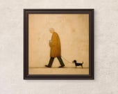 Minimalist Man Walking Dog Wall Art Print –Warm Neutral Textured Painting, Cozy Figurative Illustration, A MAN WEITH A DOG, Oil Painting Art