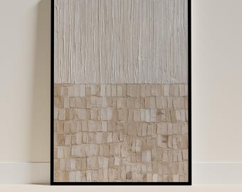May include: Abstract textured wall art in a black frame. The artwork is divided into two sections: the top half features vertical lines, while the bottom half has a brick-like pattern. The colors are neutral beige and off-white. The text "Miral Arts" is at the bottom.