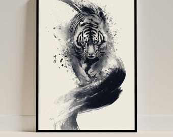 墨絵虎版画：日本の水墨画、ミニマリストの壁アート - Etsy 日本