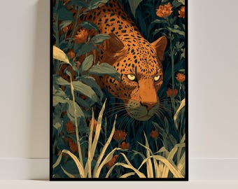 Leopard Wall Art, Jungle Wall Art Printable, Leopard in Jungle, Vintage Wildlife Illustration, Animal Art, Animal Poster, Digital Download