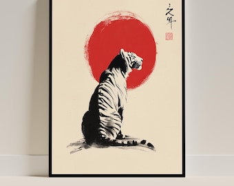 墨絵虎版画：日本の水墨画、ミニマリストの壁アート - Etsy 日本