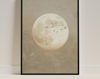 Moon Wall Art |  Japandi Canvas Wall Art, minimalist , Bird poster| Neutral Boho, japandi wall art, Japanese Sun Art, Digital Download