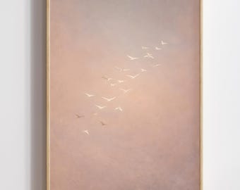 Bird Wall Art, Flock of Birds in Soft Pastel Sky — Minimalist Crane Print, Minimalist Nature Wall Art, Calm, Neutral, Digital Download