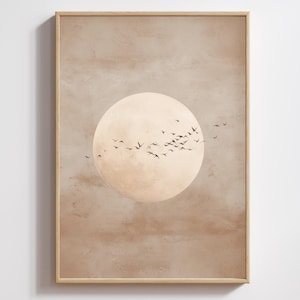 Moon Wall Art – Japanese Moon Birds Print – Japandi Neutral Boho Wall Decor – Digital Download