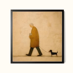 Minimalistisk väggkonsttryck med man som går med hund – Varm neutral texturerad målning, mysig figurativ illustration, EN MAN MED EN HUND, oljemålning