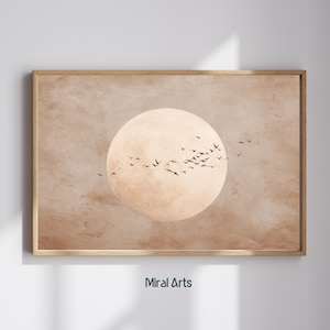 Moon Wall Art | Japanese Moon Birds Art Print, moon poster , Minimalist Bird Wall Art| Neutral Boho, japandi wall art, Digital Download