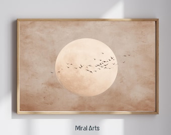 Moon Wall Art | Japanese Moon Birds Art Print, moon poster , Minimalist Bird Wall Art| Neutral Boho, japandi wall art, Digital Download
