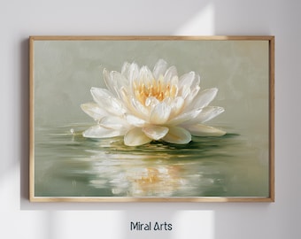 White Lotus Flower Wall Art Printable, Botanical Art, Japandi Wall Art, Wabi Sabi, Oil Painting, Digital Download