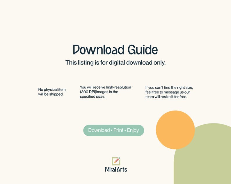 May include: A digital download guide with the text "Download Guide" and "This listing is for digital download only." Additional text includes information about the product and the brand "Miral Arts."