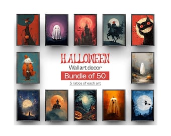 May include: A collection of framed Halloween wall art prints. The prints feature various spooky themes, including ghosts, haunted houses, and jack-o'-lanterns. The text "HALLOWEEN Wall art decor Bundle of 50" is displayed in the center.
