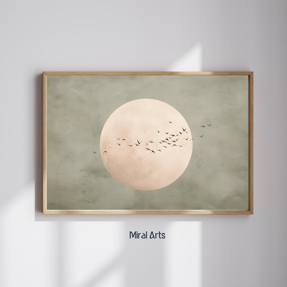 Moon Wall Art | Bird Print, moon poster , Minimalist Bird Wall Art |Sage Green Wall Art, Japandi wall art, Japanese Sun Art Digital Download