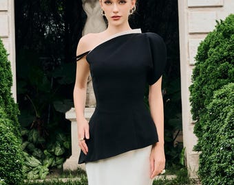 One Shoulder Black Peplum Top, Asymmetric Elegant Blouse, Handmade Evening Party Shirt for Women, Handcrafted Special Occasion Wear