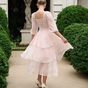 Tiered Midi Dress | Romantic Puff Sleeve Corset Gown | Fairycore Chiffon Garden Wedding Wear | Cottagecore Bridal Shower Robe