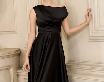 Abito da sera in seta nera Abito lungo asimmetrico drappeggiato Abito formale a trapezio Abito da gala in cravatta nera Elegante abito da invitata a un matrimonio Corpetto arricciato
