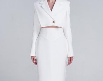 Conjunto minimalista de blazer cropped e saia maxi de cintura alta, elegante terno feminino sob medida, roupa de boutique feita à mão