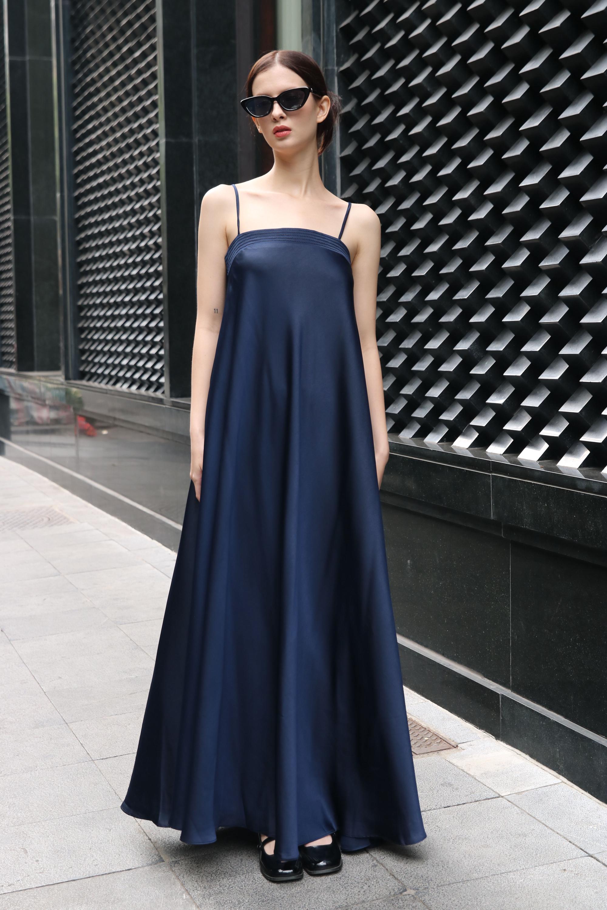 blue silk spaghetti strap dress Navy Maxi | Minimalist Satin Slip Fluid Gown Amanda Dress - Pants seller_goddiva Navy blue Spaghetti Straps Embellishment UK Size:16