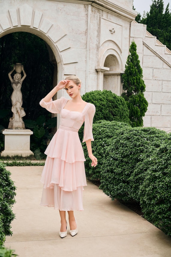 Light Pink Bustier Dress, Sheer Long Sleeve Tiered Dress, Vintage Corset Midi Dress with Puff Sleeves, Handcrafted Princess Prom Outfit